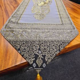 Table runner fabric tablecloth with tassels gray gold elephant 48x190cm