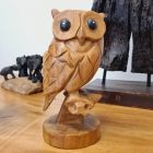 Figure wood owl sitting on branch middle